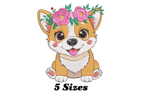 Floral Corgi Puppy Embroidery Design